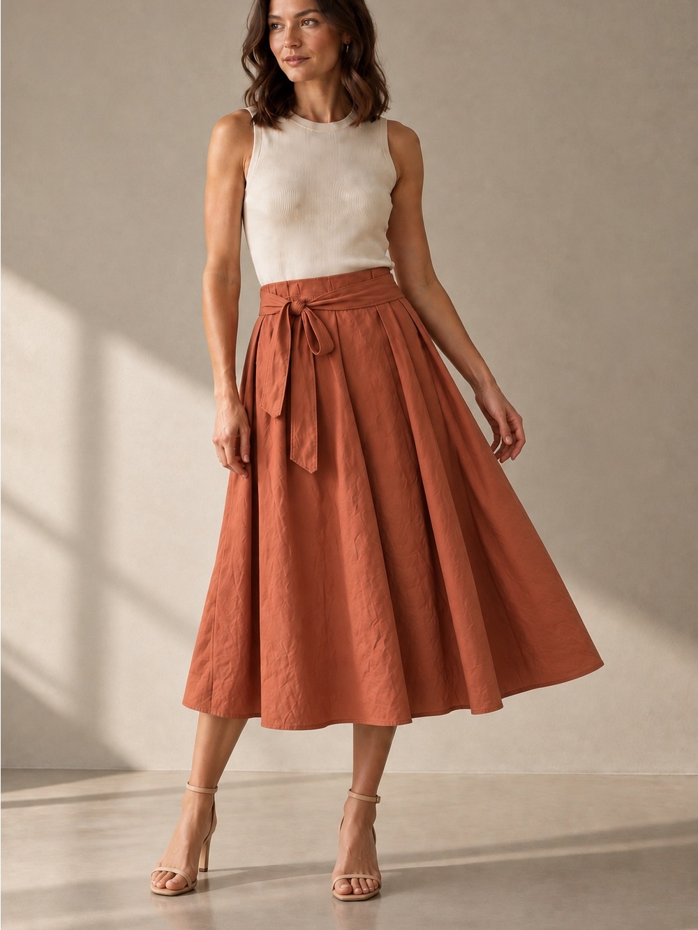 Ann Taylor Rust Terracotta Tie Waist A-Line Midi Skirt Church Size 8